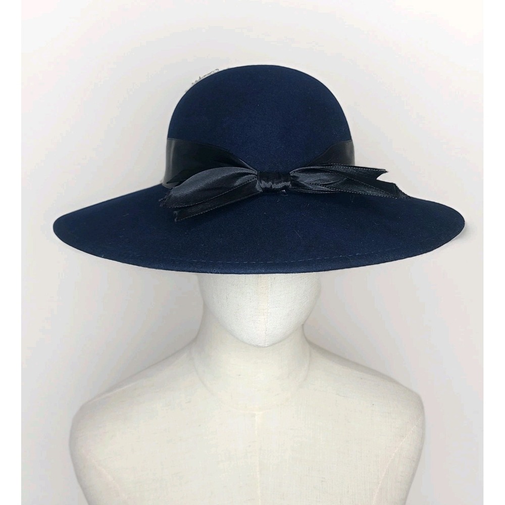 Vintage Bollman Doeskin Blue Wool‎ Felt Hat With Black Bow Made in USA